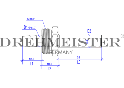 Technical drawing of a DREHMEISTER 6mm pipe socket for an 8mm thermoplastic hose